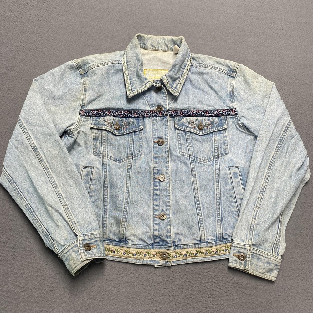 Liz Claiborne Jacket Womens Petite Medium Blue Denim Floral Embroidered Pockets